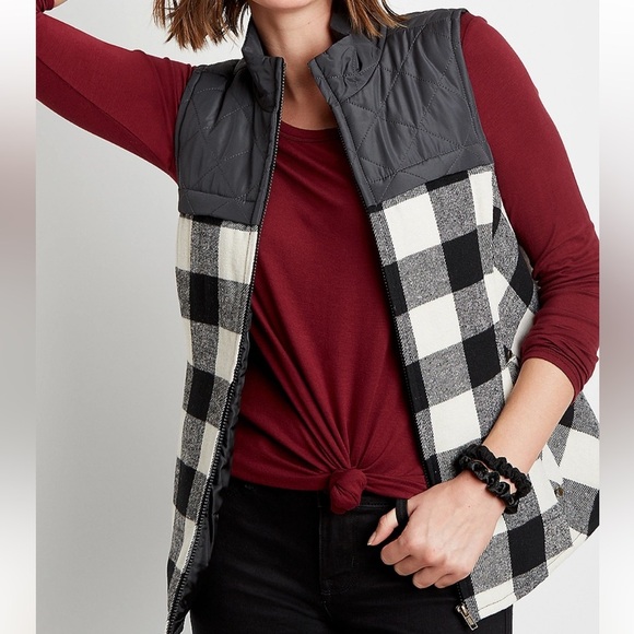Maurice’s Buffalo Plaid wool Flannel quilted Puffer Zip Vest black white large - Picture 1 of 6